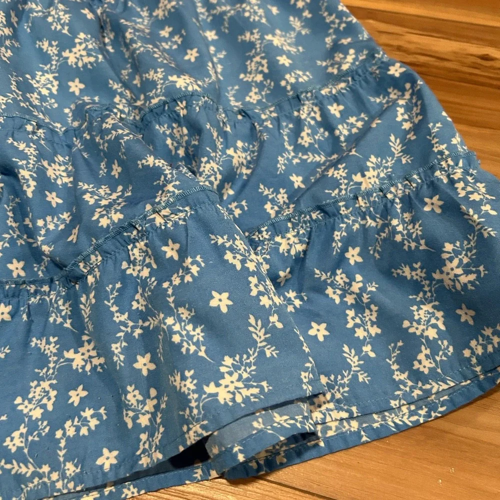 Vintage Bohemian Floral Blue Midi Elastic Waist Skirt Size Medium